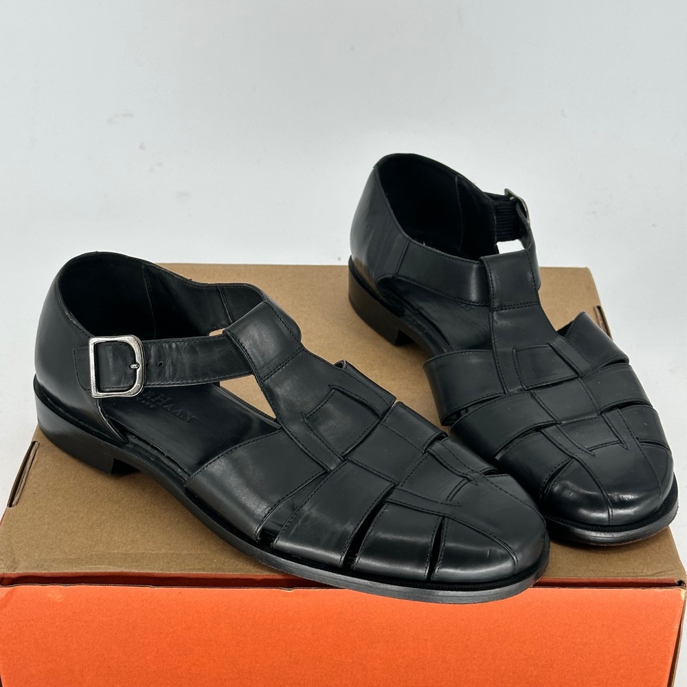 Vintage Cole Haan Black Leather Fisherman Huarache Woven Sandals Buckle 10.5 D